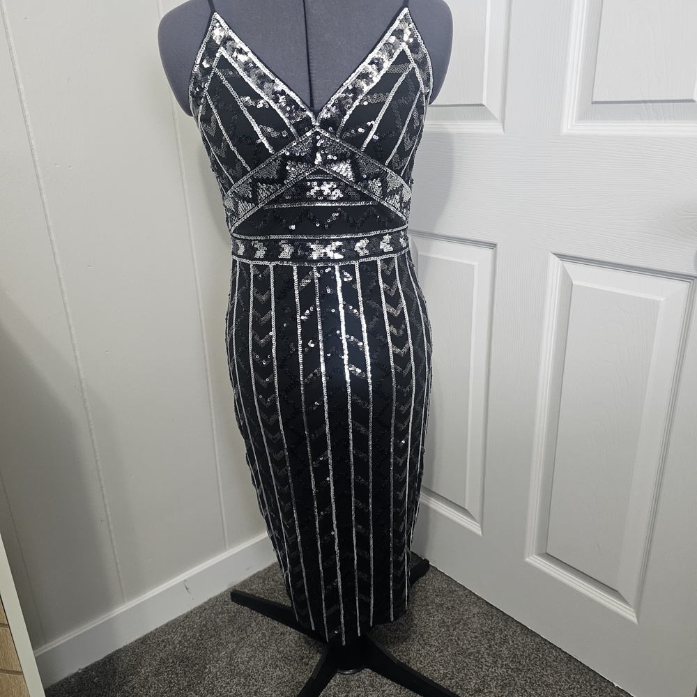 Express Black and Silver Sequin Midi Dress